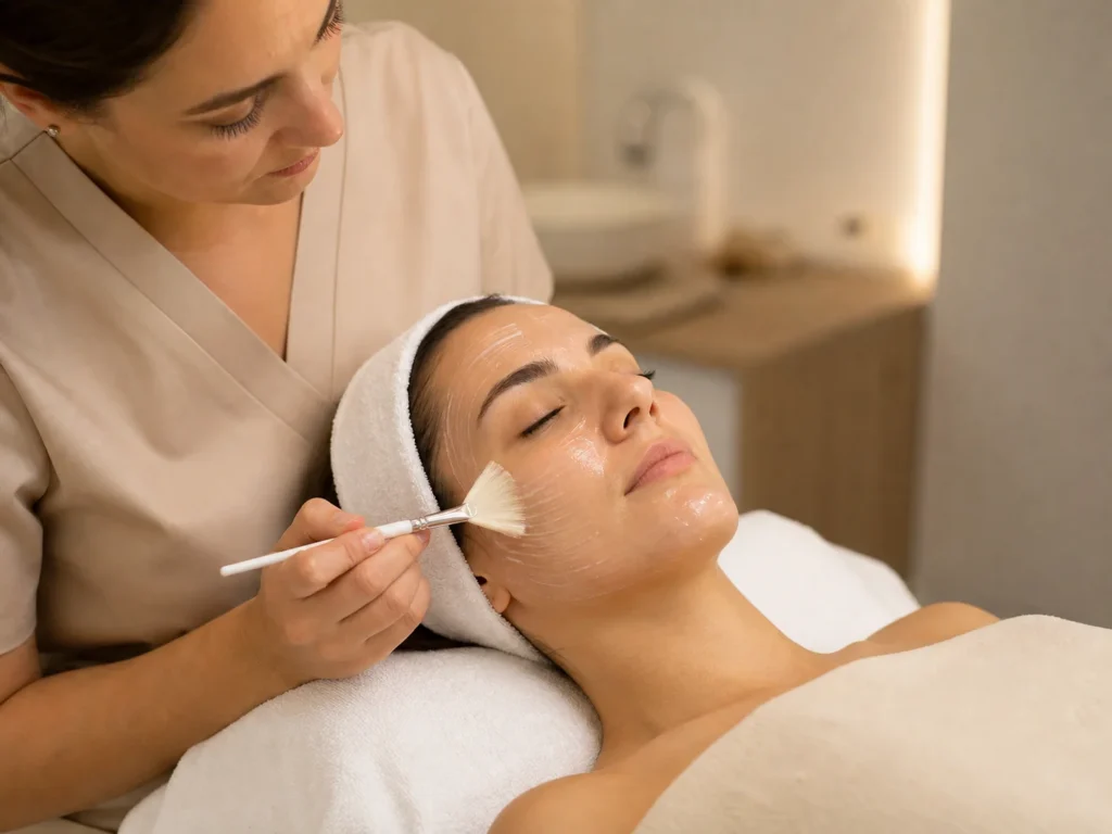 Yüzüne fırçayla peeling ürünü uygulanan kadın